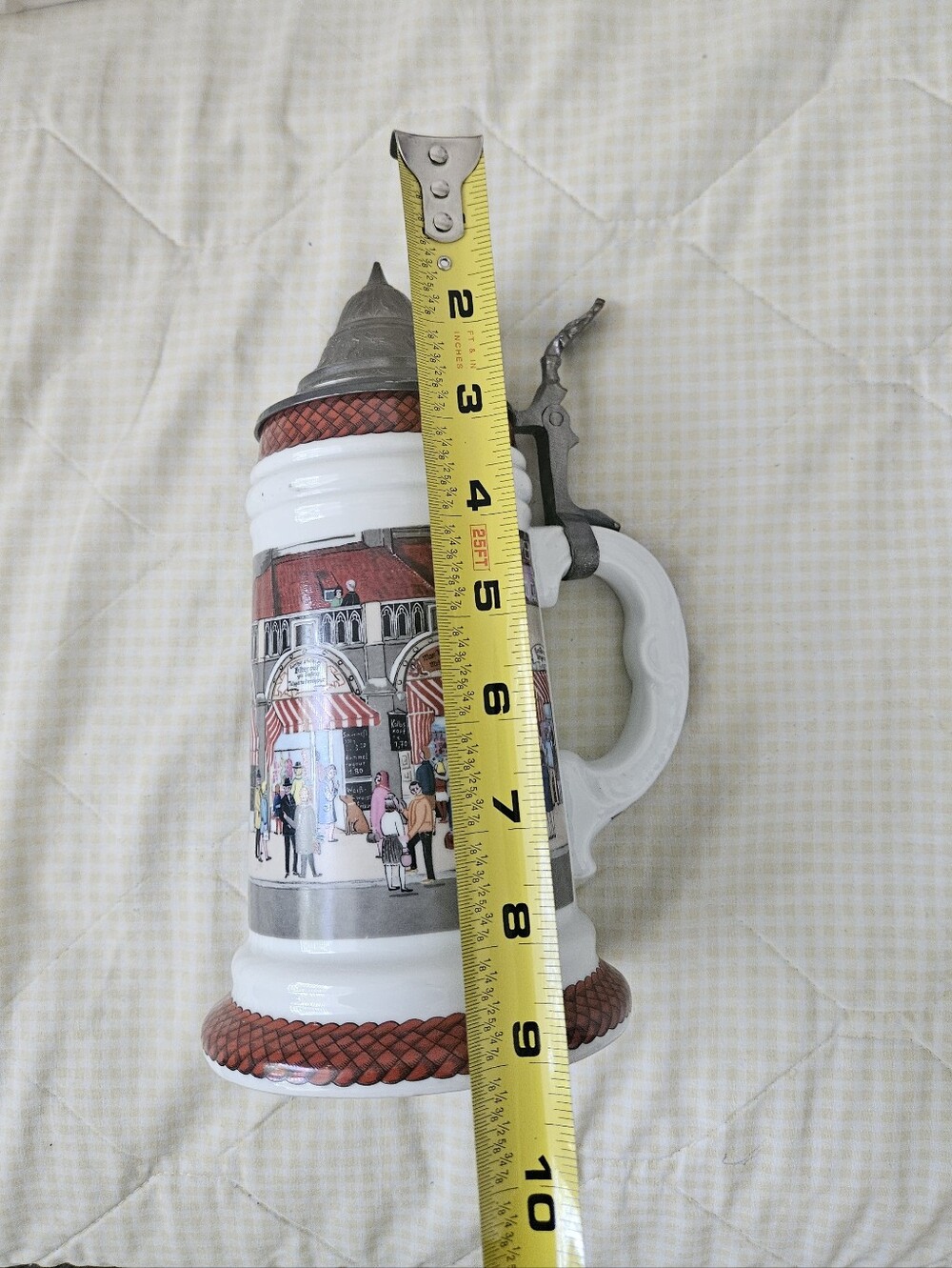 White and Red Ceramic Beer Stein with Decorative Pewter Lid - Picture 10 of 10